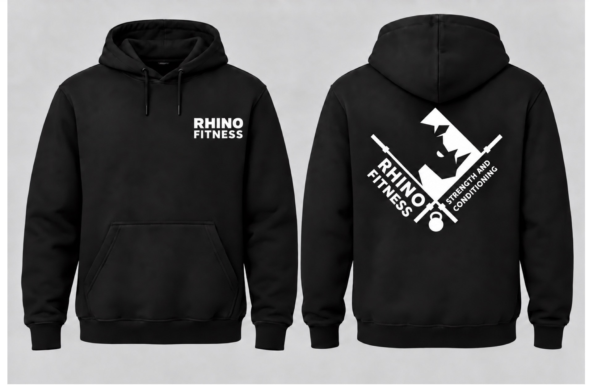 Black Rhino Fitness hoodie shown from the front and back