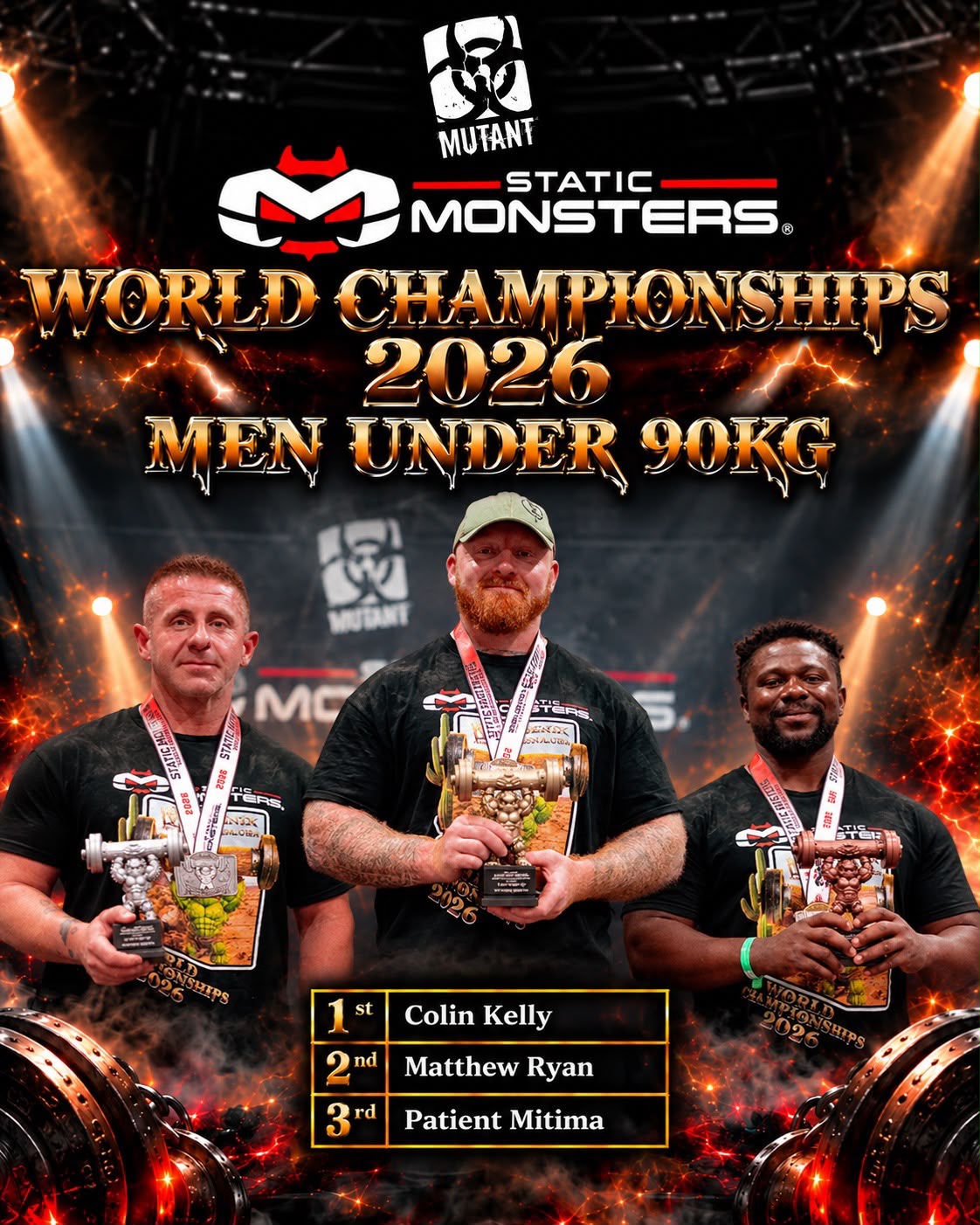 Coach Patient on the podium at the 2026 Static Monsters Under 90KG World Championships